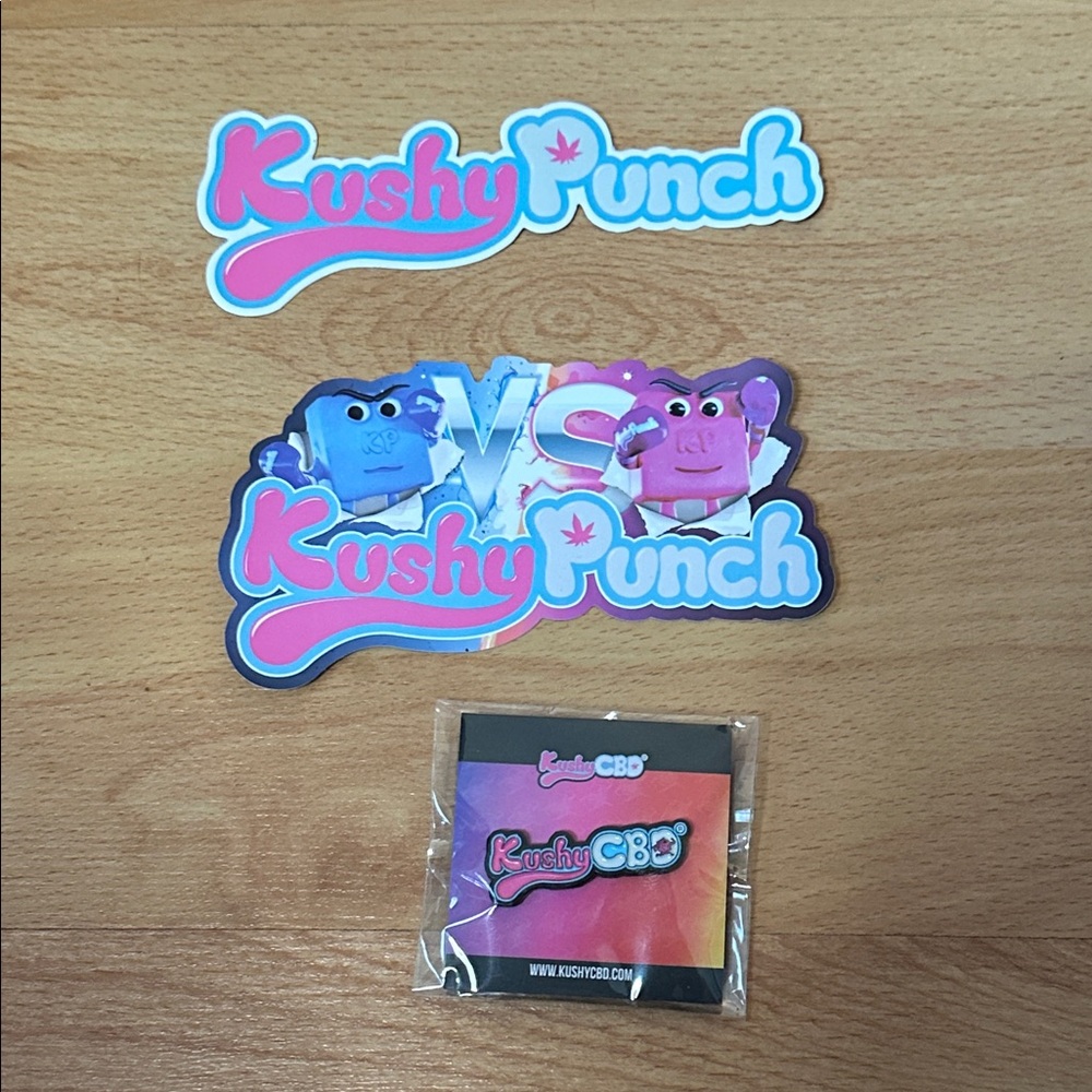 Kushy Punch Stickers and CBD Pin